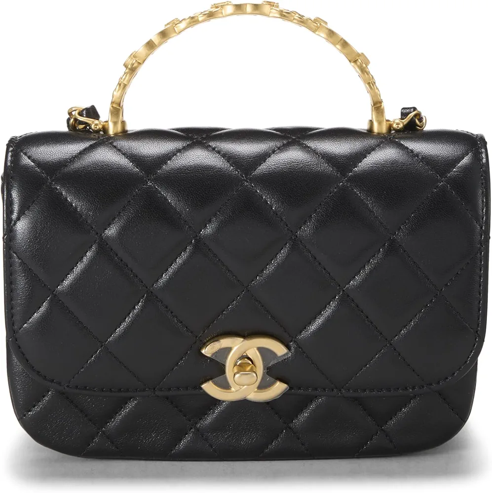 Authentic Chanel pre-loved black lambskin mini top handle flap bag in classic quilted luxury design