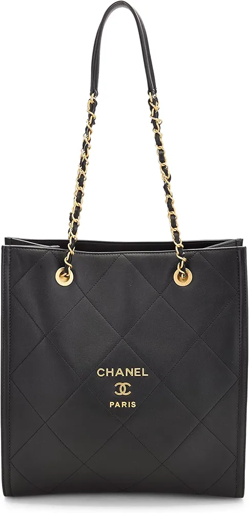 Authentic Chanel pre-loved black lambskin CC shopping tote in timeless quilted luxury design